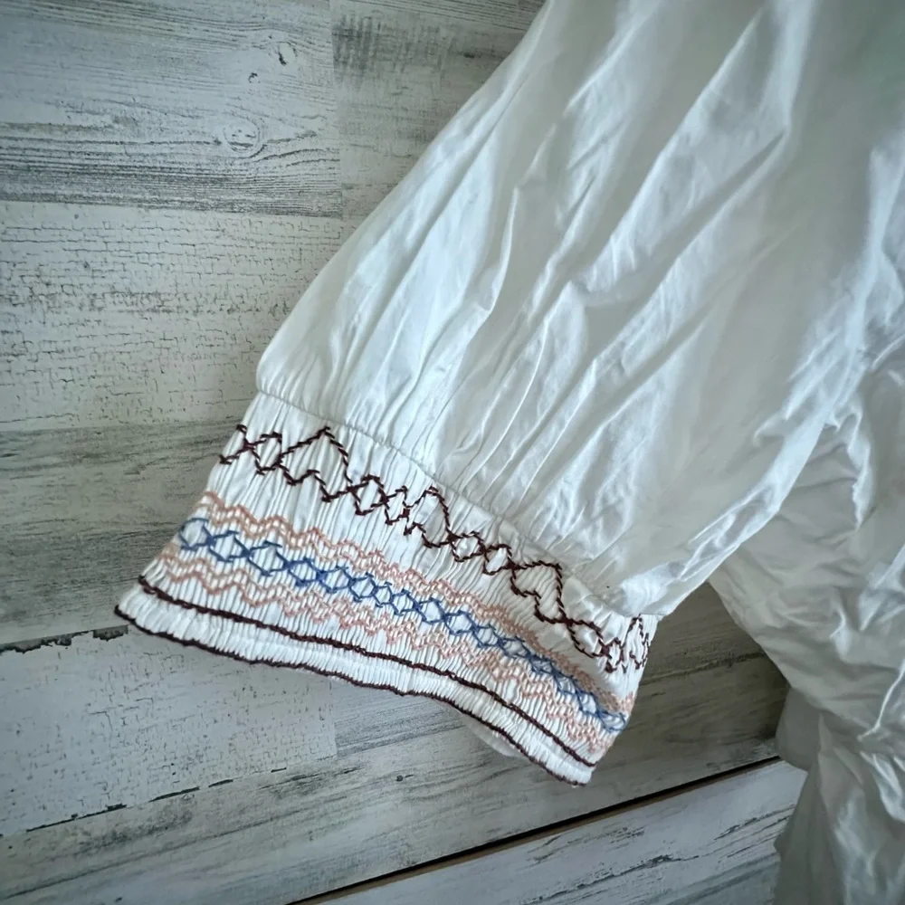 Free People Where We Meet Smocked Blouse Top Buttondown Cotton Crisp L